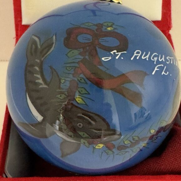 Glass Painted Christmas Ornament, Saint Augustine Florida Dolphin Holiday w/Box - Picture 1 of 10